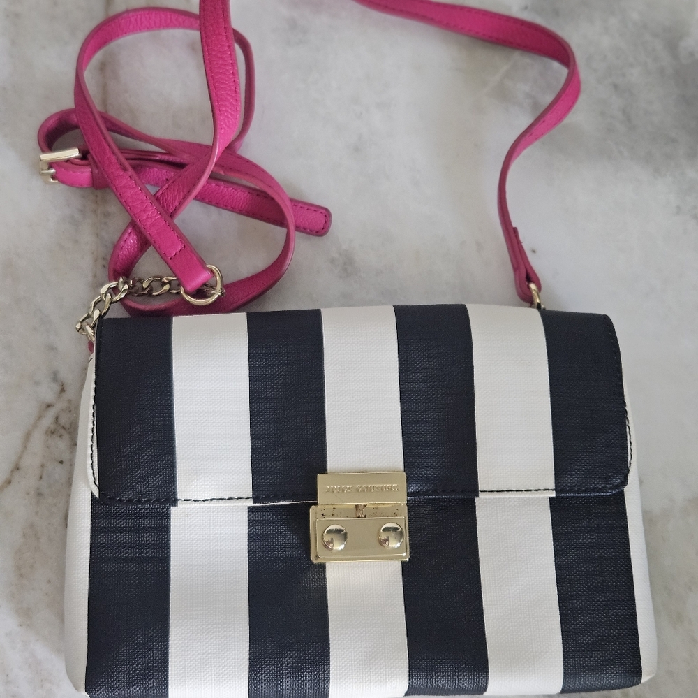 Juicy Couture Black and White Striped Crossbody with Pink Strap